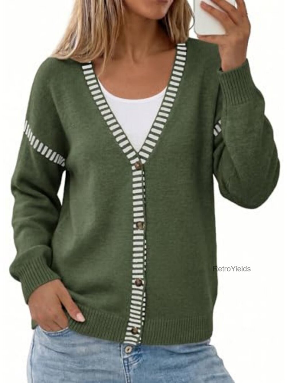 Oversized V-Neck Button Front Cardigan Sweater Long Sleeve Knit